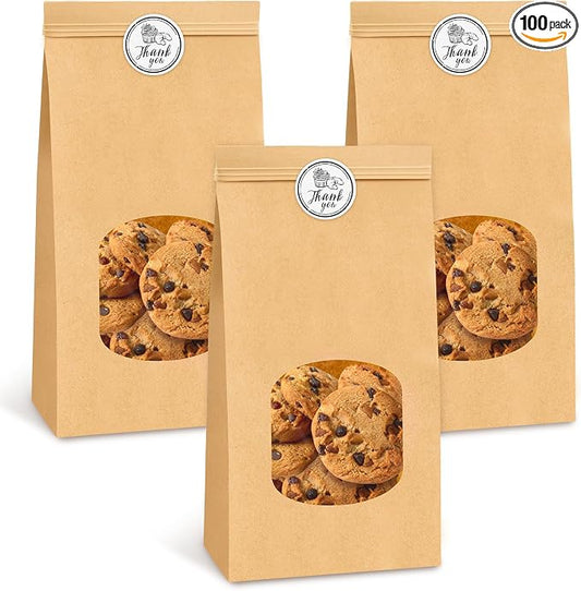 Ocmoiy Medium Bakery Cookie Bags with Window, 4.5x2.36x9.6 Inches, 100 Pcs | Tin Tie Tab Lock, Kraft Paper Bags, With Thank You Stickers, For Cookie, Coffee, Bread