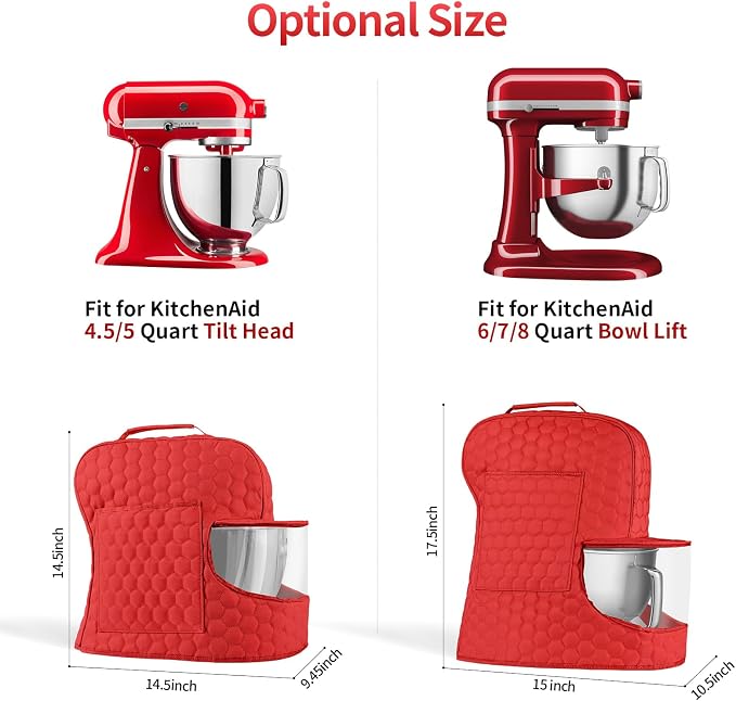 Stand Mixer Dust Cover Compatible with KitchenAid Mixer - Storage Bag for 6/7/8 Quart Bowl Lift with Pockets for Accessories and Attachments(Red,Fits for 6-8 Quart）