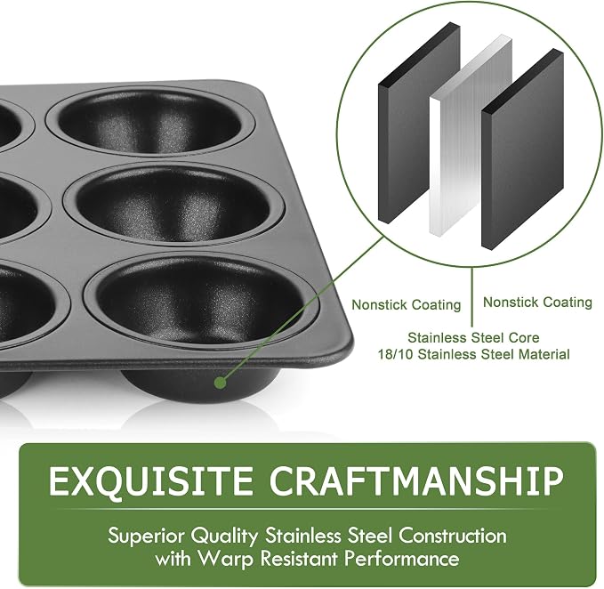 Herogo 12-Cup Nonstick Muffin Pan Tin for Baking, Metal Nonstick Cupcake Tray Set for Making Egg Muffin Quiches, Mini Brownie, Easy to Clean & Quick Release, Oven & Dishwasher Safe, Black