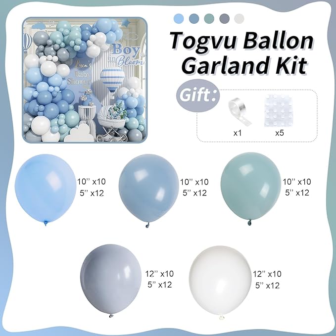 Togvu 112 Pcs Dusty Blue Grey Balloon Garland Arch Kit, Retro Slate Pastel Blue Pale Grey White Balloon Arch Kit for Boys Birthday Wedding Baby in Bloom Bridal Shower Party Decorations