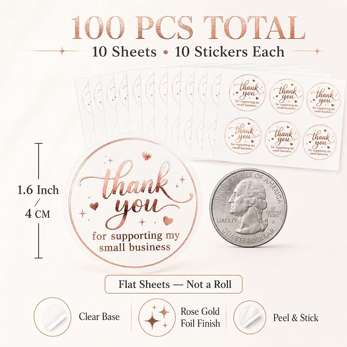 100PCS Thank You for Supporting My Small Business Stickers, Clear Black Thank You Labels for Packaging, Gift Bags, Bakery Boxes & Handmade Business Orders 1.6 Inch (Rose)