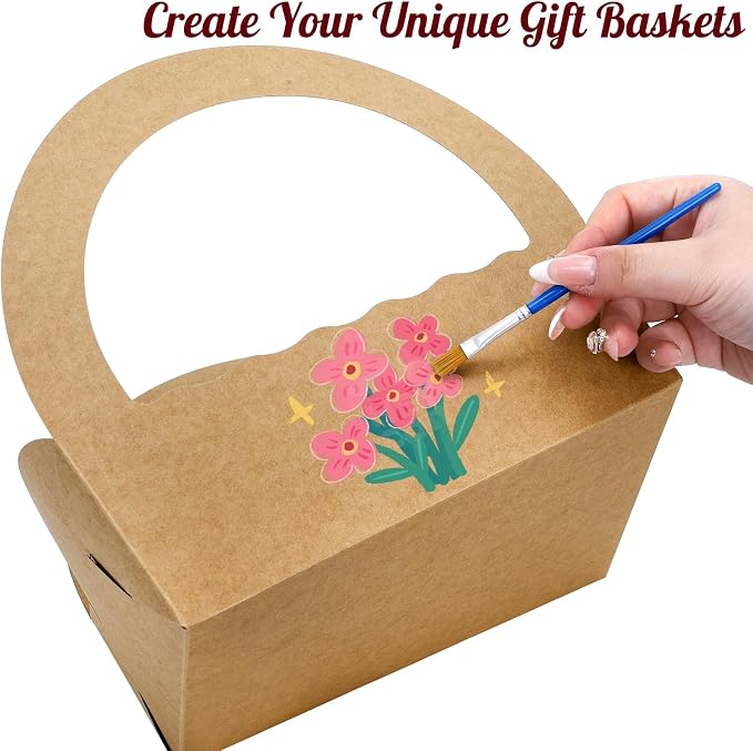 ELFULLY 50 Pack Paper Baskets for Gifts, 8.6" Kraft Basket with Handle Bulk, Empty Cookies Boxes for Desserts Snacks Donuts Pastries, Gifting Baskets for Party Wedding Anniversary Business DIY, Brown