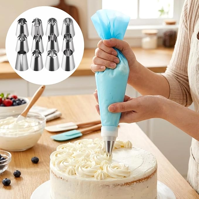 14Pcs Large Piping Tips Set, Stainless Steel Icing Nozzles Kit with Reusable Pastry Bag Cake Decorating Tip Set for DIY Pastry Dough, Cookie, Cupcake, Cakes and Baking