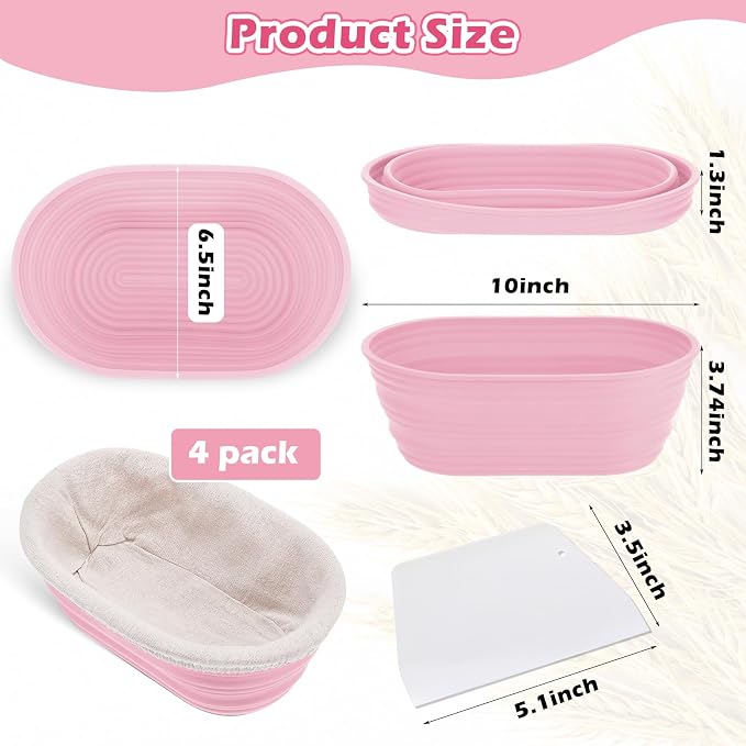 Nuogo 4 Pack Oval Bread Proofing Basket Silicone 10 Inch Collapsible Sourdough Bread Baking Supplies Dough Proofing Bowl with 4 Pcs Dough Scraper and 4 Pcs Basket Covers (Pink)