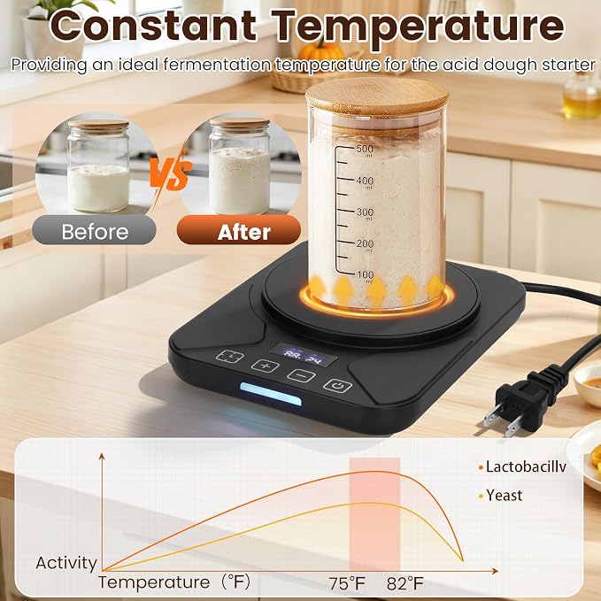 Sourdough Starter Warmer with 1°F Thermostat Control(70-100℉)24H Timer Memory Function Heating Pad for Fermentation, Heating Mat for Home Baking Fits Jars Up to 40oz (Black)