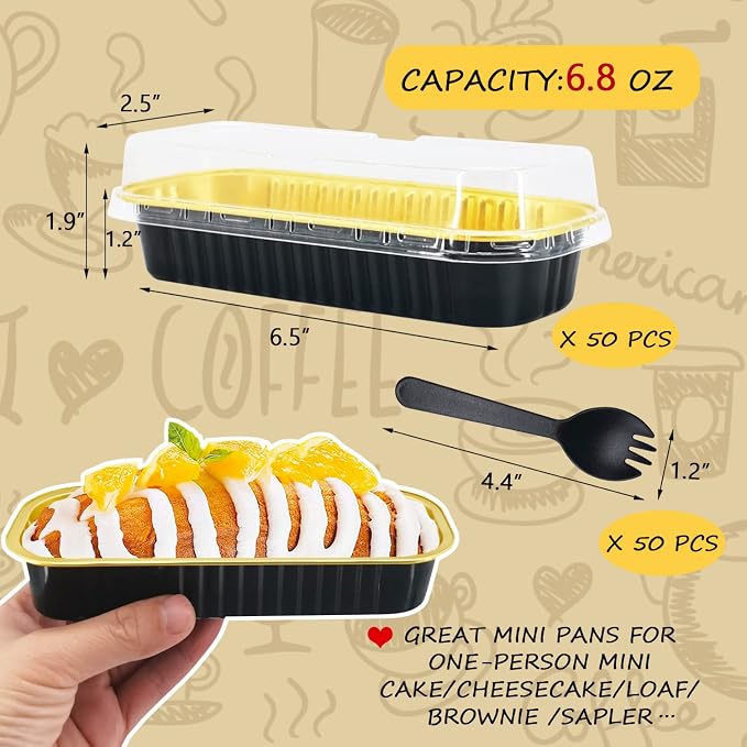 LNYZQUS Aluminum Foil Mini Loaf Pans with Lids 50 Pack, 6.8oz Rectangle Baking Cups Muffin Tins,Disposable Baking Tins Mini Baking Pans Holders -Black In Gold