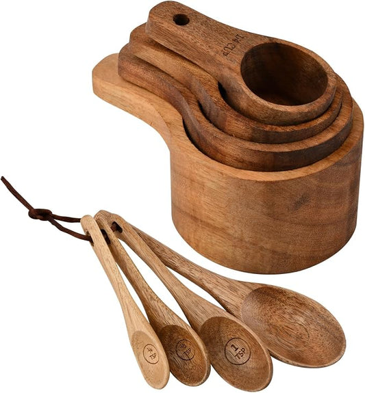 8-Piece Acacia Wood Nesting Measuring Cups and Spoons Set, Laser Engraved Precision Markings, for Baking & Cooking, Gift for Bakers Chefs Home Cooks, Rustic Farmhouse Kitchen Decor
