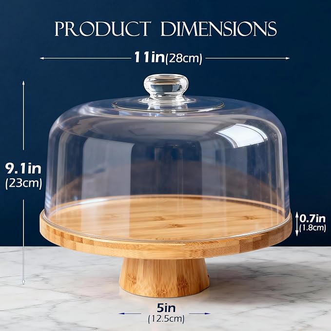 Masthome Bamboo Cake Stand with Acrylic Dome Lid, 6-in-1 Multi Functional Serving Platter & Dessert Display Stand,Charcuterie Board,Fruit Tray,Dip Bowl,Serving Platter for Wedding,Christmas Party