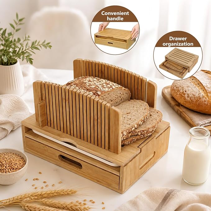 Bread Slicer for Homemade Bread，Bread Slicing Guide Adjustable Width，Foldable and Compact Cutting Guide with Crumb Tray, Suitability for Homemade Bread, Bagels，Compact Loaf Cutter for Perfect Slices