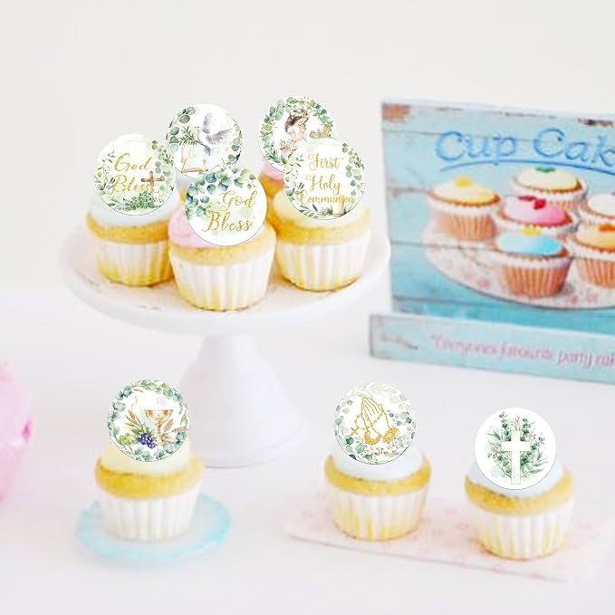 64 PCS Edible God Bless Cupcake Toppers First Holy Communion Cupcake Picks Edible Greenery Leaves Dove Cross God Bless and Baptism Cake Decorations for Baby Shower Girls Birthday Party Supplies