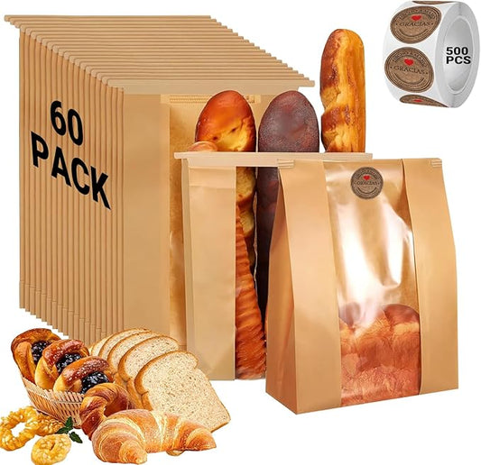 Sourdough Bread Bags with Tin Tie Lock - 60 Pack 11.8 x 3.5 x 4.7 Inch Paper Bread Bags for Homemade Bread Cookie Bags with Clear Window 500 Labels Bakery Bags for Bread Storage Baked Goods Packaging