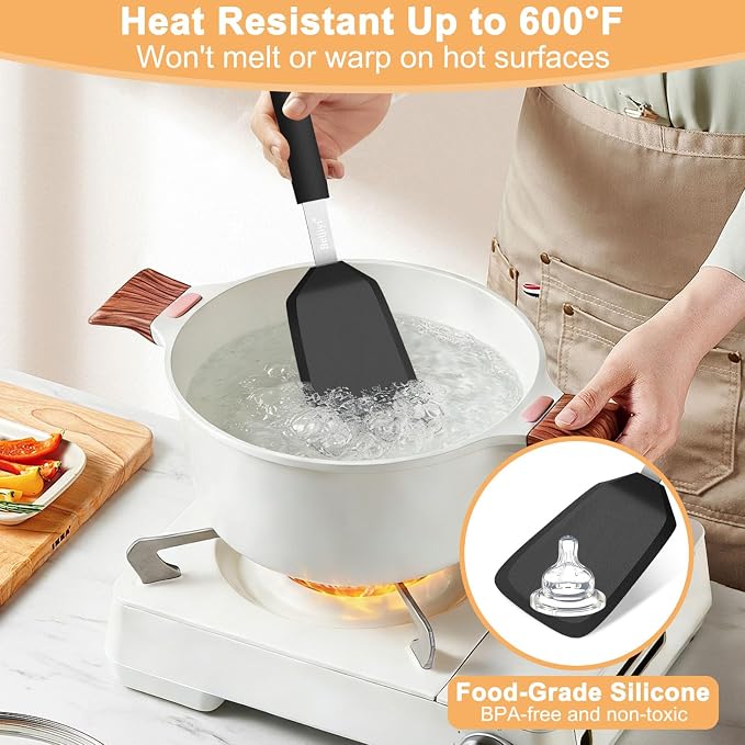 Beijiyi Silicone Spatula Turner, 600°F Heat Resistant, 13 x 3.2 in (Black) | BPA Free, Non-Toxic, Flexible Turner, Non Scratch for Non Stick Frying Pan, Flipping, Cooking, Dishwasher Safe