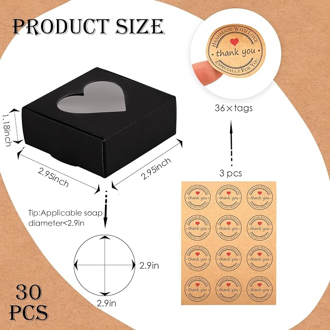 Moukiween 30 PCS Black Soap Boxes for Homemade Soap, 2.95 X 2.95X 1.18 Inch Packaging Gift Boxes with Window, Small Square Soap Wrapping Boxes (Black)