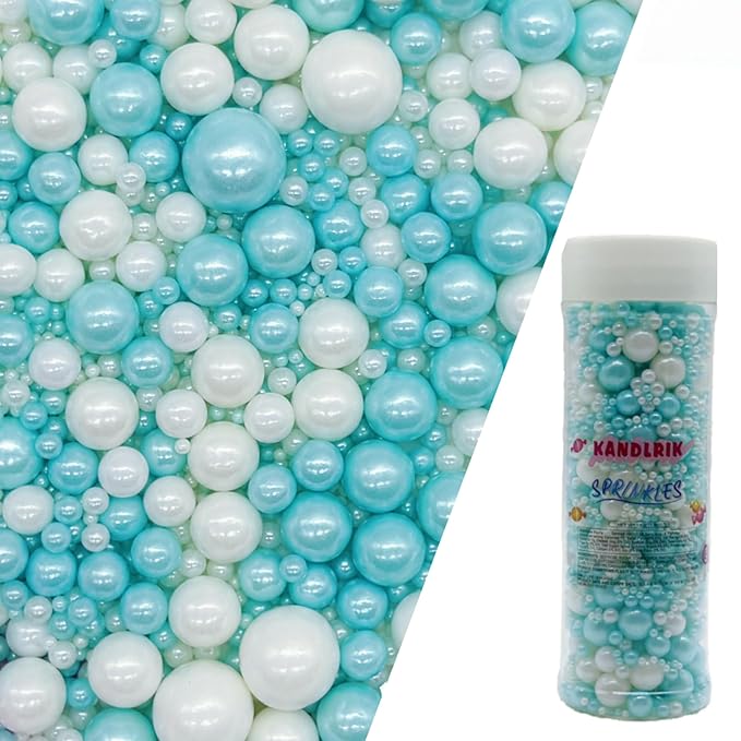 Edible Light Blue & White Sugar Pearls Sprinkles Candy Mix Size Pearls Cake Decorations Cupcake Toppers Decorating Perfect for Wedding Party Valentine Supplies 4.58OZ