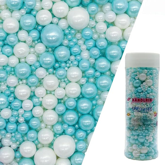 Edible Light Blue & White Sugar Pearls Sprinkles Candy Mix Size Pearls Cake Decorations Cupcake Toppers Decorating Perfect for Wedding Party Valentine Supplies 4.58OZ