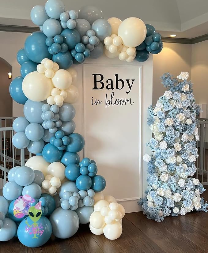 Baby in Bloom Balloon Arch Kit 144pcs Dusty Blue Baby Boy Baby Shower Mom to be Boho Floral Wildflower Party Decorations (Blue)