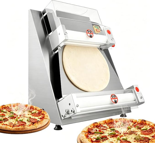 370W Commercial Pizza Dough Roller Sheeter, Stainless Steel Dual Roller Dough Press Machine, 5-Second Automatic Pizza Maker for 4-16 Inch Crust, Adjustable Thickness 0.7-5.4mm, 110V Silver
