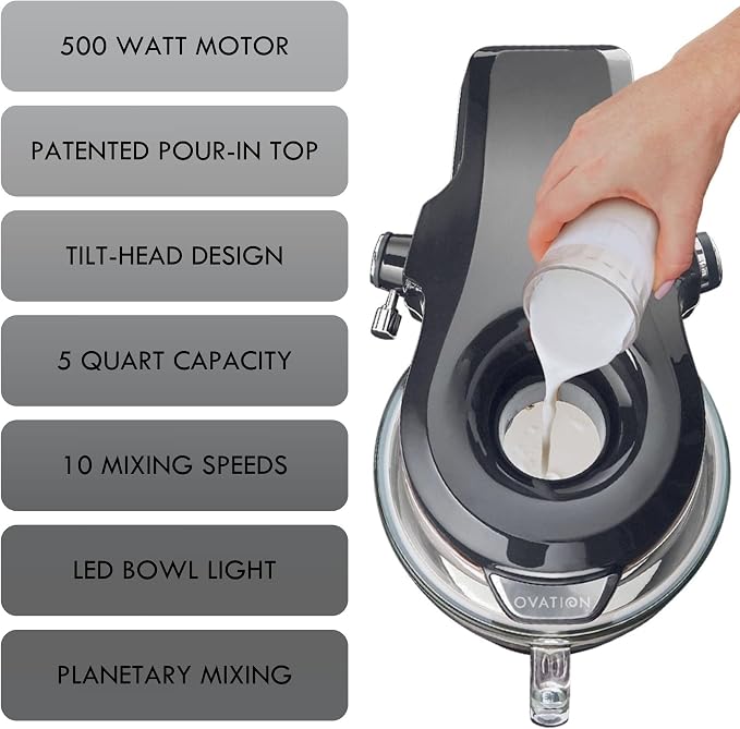 Kenmore Elite Ovation 5 Qt Stand Mixer, 500 Watts, with Revolutionary Pour-In Top, Tilt Head, Flat Beater, Whisk, Dough Hook, 360-degree Splash Guard, Glass Bowl, LED Light, Metallic Grey