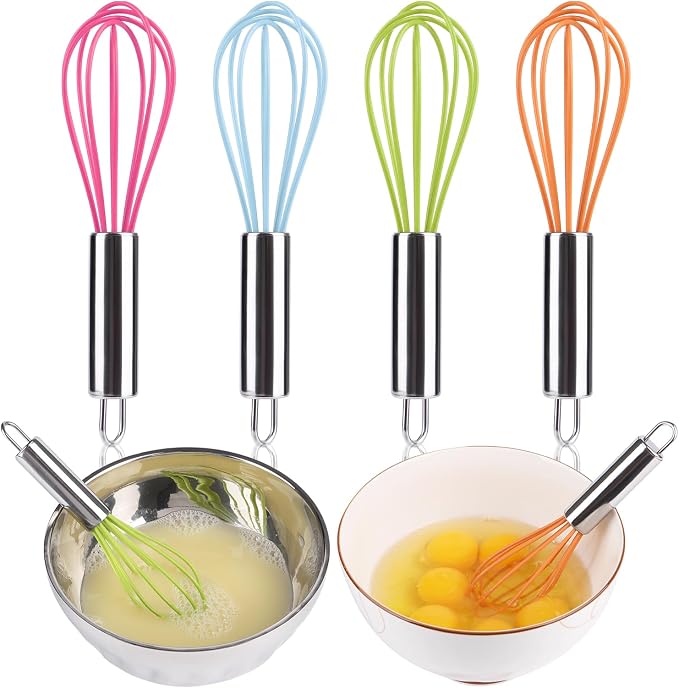 BAEKZ Multi-Color Mini Silicone Kitchen Whisks with Stainless Steel Handles Milk Beater Egg Beater Balloon Whisk for Blending Stirring Whisking and Beating(6.2in, Four colorsl, 8)