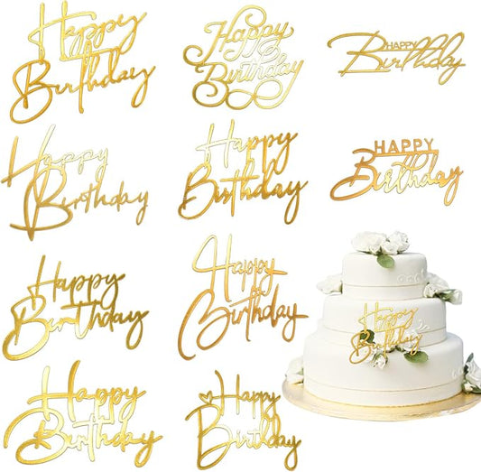 10PCS Gold Happy Birthday Cake Toppers Mirror Acrylic Cake Toppers, Gold Acrylic Birthday Cupcake Toppers for DIY Cake Decor Cake Tools Birthday Party Supplies