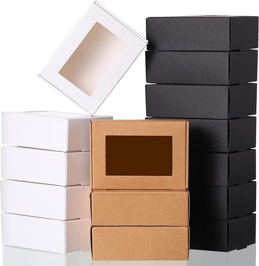 Zonon 30 Pcs Soap Boxes for Homemade Packaging, Mini Kraft Boxes with Window for Bakery Candy Soap Making Gift Packaging, 3.7x2.6x1.4 Inch (Black Brown White)