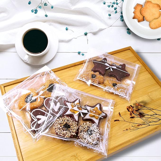 200pcs Clear Lace Bowknot Self-Adhesive Treat Bags – Elegant Cellophane Cookie & Candy Bags for Bakery, Wedding & Party Favors