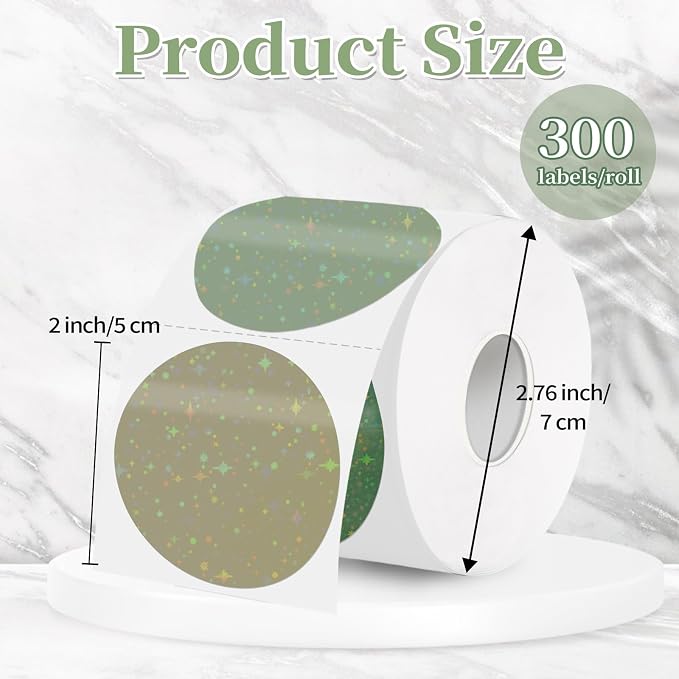 2''Holographic Thermal Label,Round Self-Adhesive Direct Thermal Label,for DIY Logo Design,Name Tag (300/Roll Sage Green)