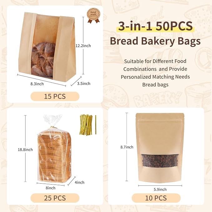 Bpole 3-in-1 Bread Loaf Bags for Homemade Bread - 50pcs Bakery Paper Plastic Bags for Homemade Sourdough Bread Storage,Snacks,Sandwich, Candies and Cookies,Preservation Freshness and Gift Giving