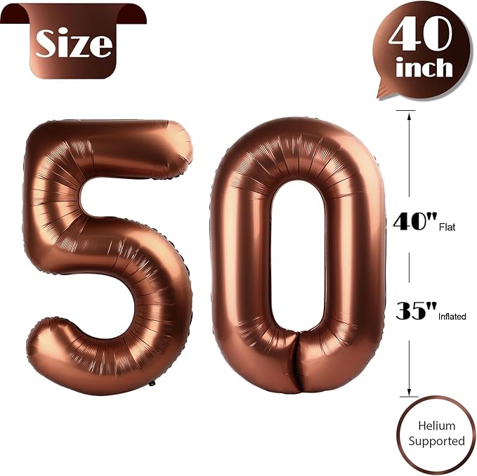 Dark Brown Number 50 Balloon 40 inch, 50 Number Balloons, 50th Dark Brown Birthday Decorations, 50 Year Old Women Men Party Supplies