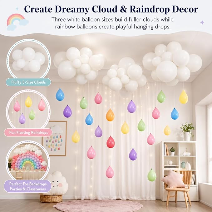 243 Pcs Cloud Balloon Garland Kit, Pastel Rainbow Raindrop Balloons with White Cloud, 5 10 12 Inch Macaron Latex Balloons for Baby Shower Birthday Classroom Rainbow Party Decorations