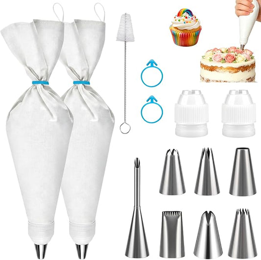 14-Piece Reusable Piping Bags and Tips Set- Cotton Baking Kit with Coupler, Stainless Steel Nozzles,Silicone Cable Ties& Cleaner for Cakes/Cupcakes/Cookies Decorating