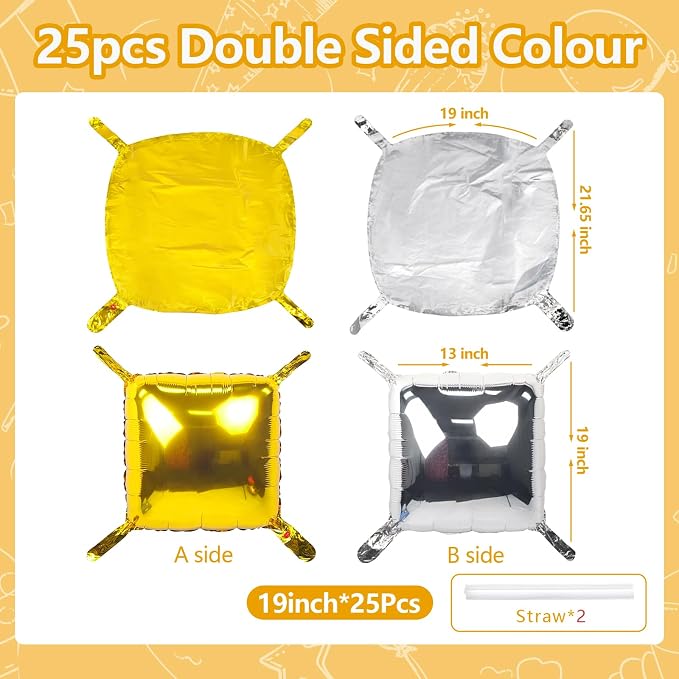 NISOCY 25PCS Metallic Silver Gold Square Foil Balloons Wall Backdrop Double Sided Chrome Gold Silver Balloons Arch Kit for Christmas New Year Anniversary Birthday Engagement Bridal Party Decorations