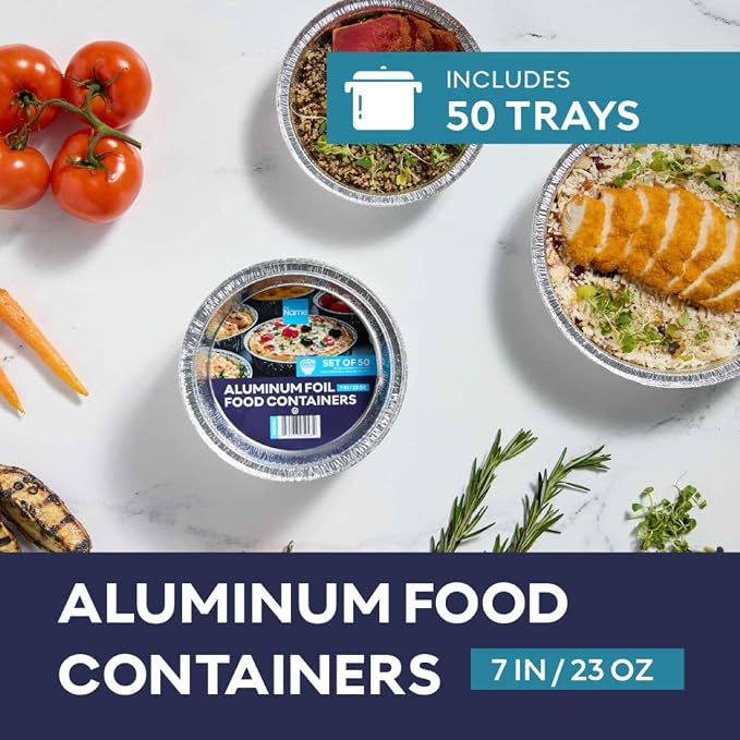 The Name 7" Round 50 Pack Aluminum Foil Pans Disposable Pie Tins, Mini Pans, Tart Baking Trays, Oven/Freezer Safe, Perfect for Apple Pie, Pumpkin Pie, Quiche, Pot Pie, Cobbler, Catering & Food Service