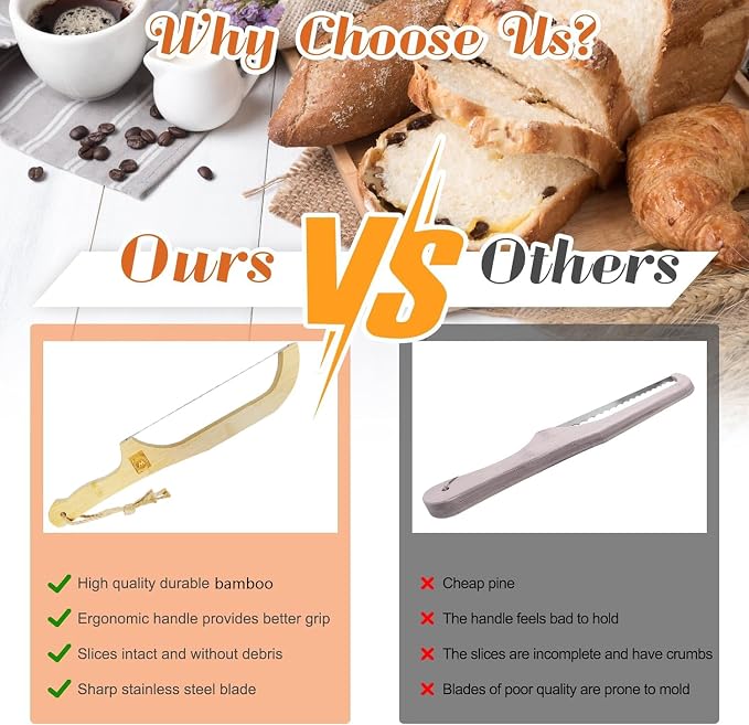 Bamboo Bread Knife, 16.5" Serrated, Sourdough & Homemade Bread Slicer, Fiddle Bow Design
