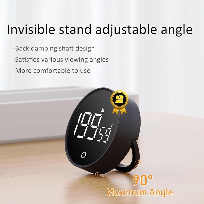 Digital Kitchen Timer, Rechargeable Magnetic Visual Timer with Large LED Display, Adjustable Volume for Classroom, Cooking, Fitness, Baking, Kids Learning & Teaching (1, Black)