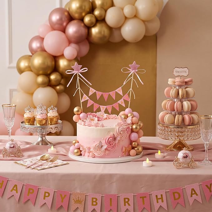 16 Pcs Happy Birthday Cake Topper Cake Bunting Topper Banner with Wood Pole Rainbow Garland with Bow Ribbon Balloon, Mini Cupcake Decor for Birthday Baby Shower (Pink,Gold)