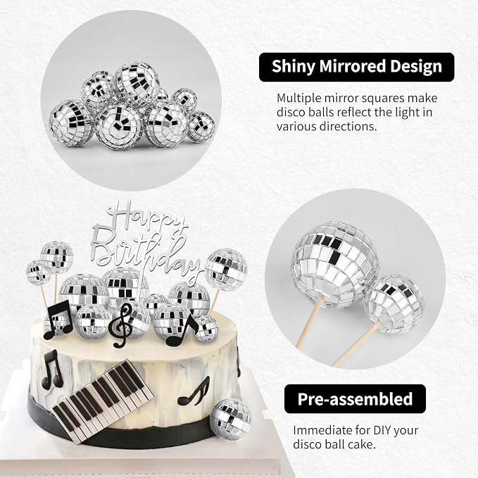 Soelomu 23 Pcs Disco Ball Cake Toppers, Happy Birthday Cupcake Picks 1970s Disco Theme Decorations for Birthday Party Favor