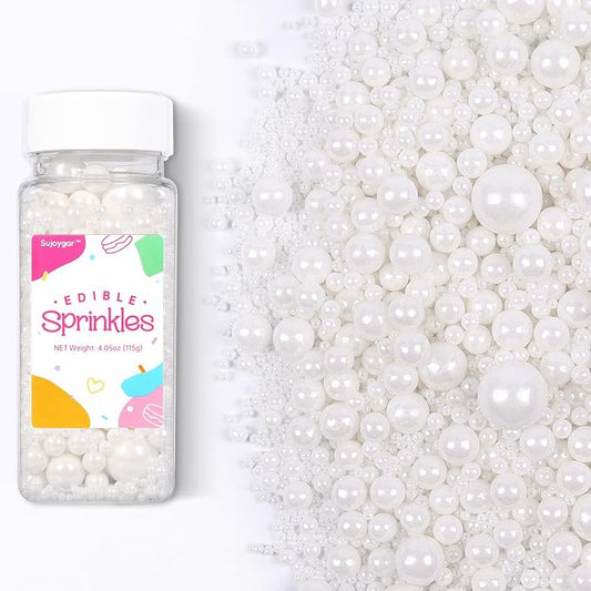 White Pearl Sprinkles for Cake Decorating, Edible Pearls Sugar for Baking Cupcake Toppers Ice Cream Cookie Wedding Party Birthday Valentines Celebrations Supplies, 4.05oz