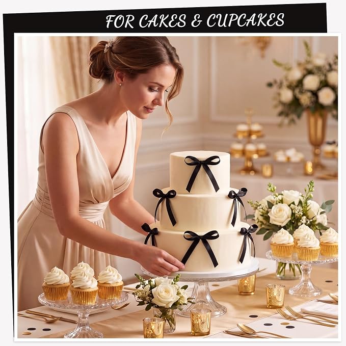 NatNarr 30PCS Black Bows for Cake Bow Cake Topper Pretied Ribbon Bow Cupcake Toppers - Ready to Use for Birthday Wedding Baby Shower Graduation Dessert Display Decorations Simple Elegant Style
