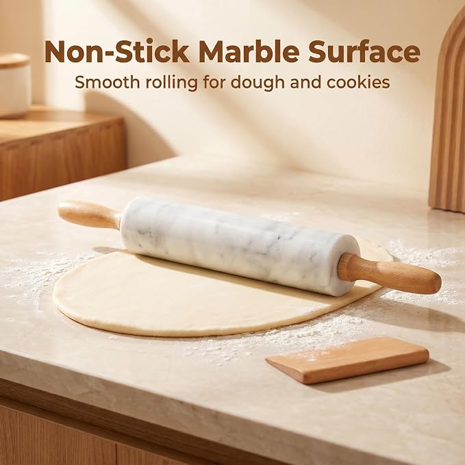 White Marble Rolling Pin for Baking 8inch Barrel，Dough Roller | With Wooden Handles & Wood Cradle, Non-Stick Dough Roller for Pizza, Pasta, Fondant, Pie Crust, Pastry & Cookies