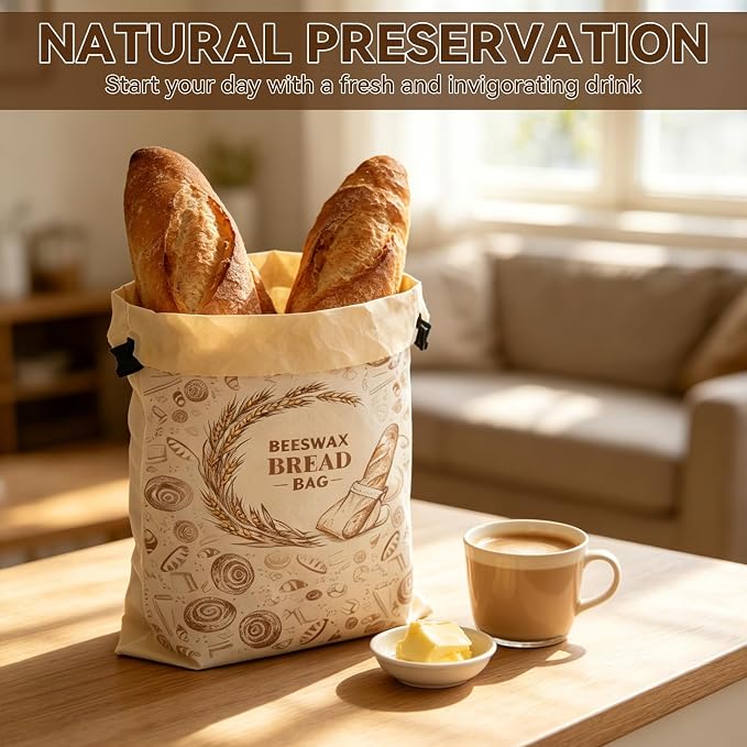 2 Pack Beeswax Sourdough Bread Bags for Homemade Bread (2 Pack + 1 Wrap) -17"x13" Reusable Cotton Beeswax Bread Bag with Lock Closure, Non-Flaking & Breathable for Fridge