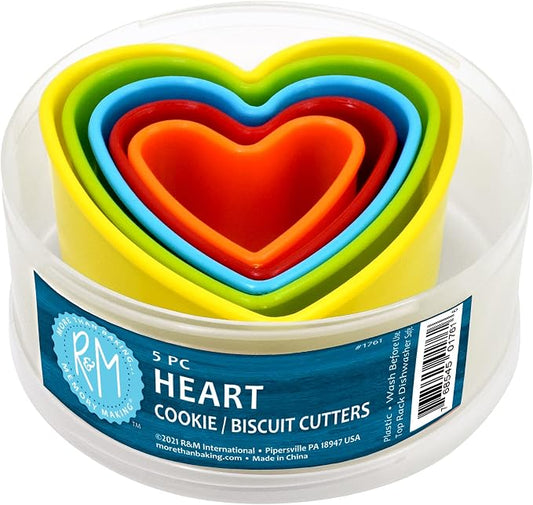 R&M International Heart Cookie and Biscuit Cutters, Assorted Sizes, Bright Colors, 5-Piece Set
