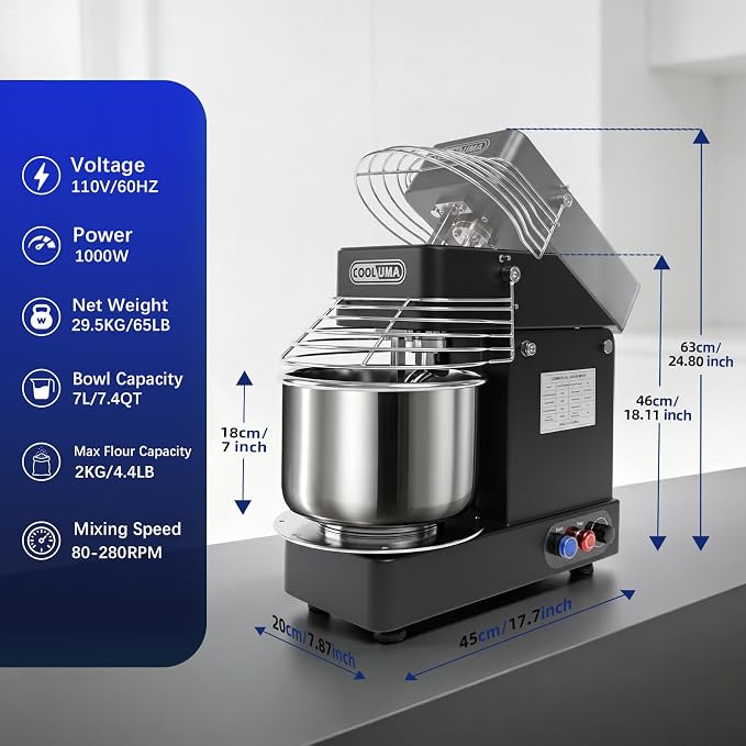 7.4QT Commercial Dough Mixer, Spiral Dough Mixer,1000w Heavy-Duty Stand Dough Mixer With Stepless Speed Control, Tilt-able Design,Perfect For Home Kitchens, Bakeries, Restaurants, Pizzerias