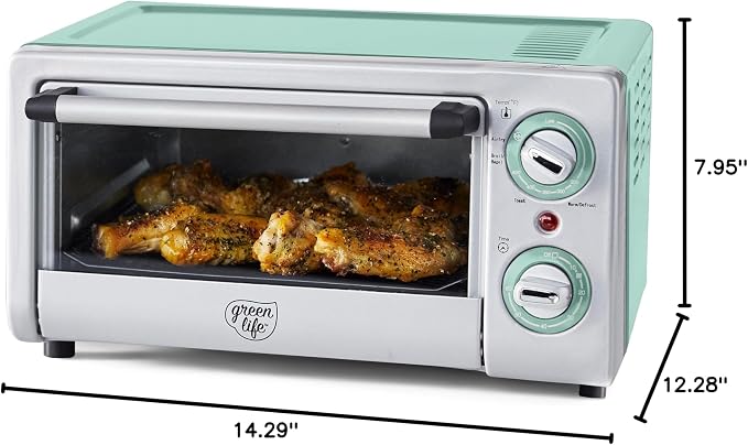 GreenLife Countertop Toaster Oven Air Fryer Stainless Steel, Healthy Ceramic Nonstick, PFAS Free, Tray & Basket, Bake, Broil, Reheat, Adjustable Temp & Time Control, Auto Shutoff, Turquoise
