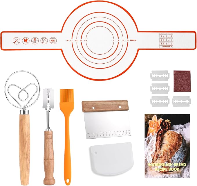 Danish Dough Whisk Set 7 Piece with Wooden Handle - Sourdough Baking Supplies Kit Includes Bread Whisk, Scoring Tool, Dough Scraper, Baking Mat & Pastry Brush - Top Gadgets for Bakers