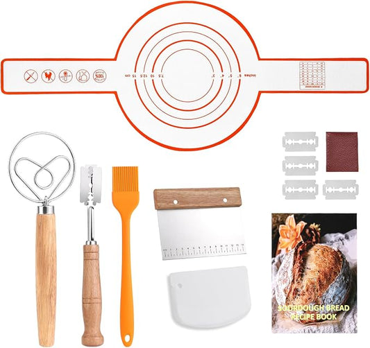 Danish Dough Whisk Set 7 Piece with Wooden Handle - Sourdough Baking Supplies Kit Includes Bread Whisk, Scoring Tool, Dough Scraper, Baking Mat & Pastry Brush - Top Gadgets for Bakers