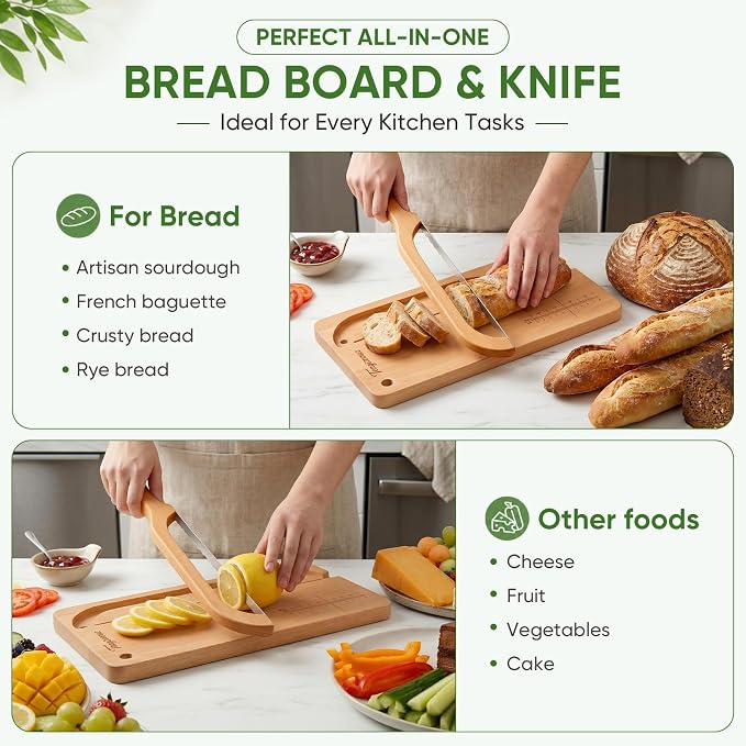 Upgraded Bread Knife and Board Set-Adjustable Thickness Bread Slicer for Homemade & Sourdough with Scale Line Serrated Stainless Steel Blade, Magnetic Storage Perfect for Artisan Bakers