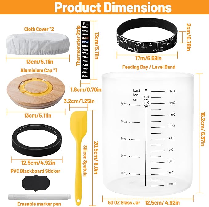 50oz Sourdough Starter Jar, Large Glass Sourdough Starter Jar Wide Mouth with Wooden Lid, Feeding Tracker and Spatula, Sourdough Starter Jar Kit for Bread Baking