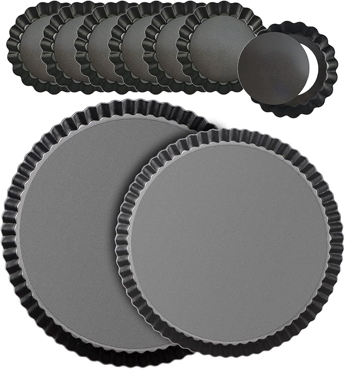RICHSC-PAN Tart Pan Set, 11 & 9 Inch Tart Pans with 6Pcs 4 Inch Mini Pans. Removable Bottom, Non-Stick Coating, For Tart Quiche Pie Making. Suitable for Family Festivals and Gatherings.(8 Pack)