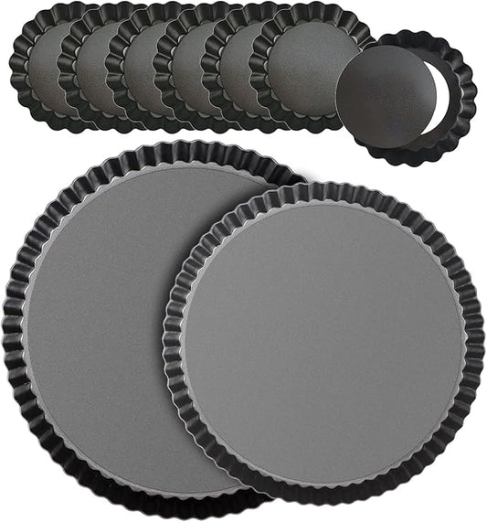 RICHSC-PAN Tart Pan Set, 11 & 9 Inch Tart Pans with 6Pcs 4 Inch Mini Pans. Removable Bottom, Non-Stick Coating, For Tart Quiche Pie Making. Suitable for Family Festivals and Gatherings.(8 Pack)
